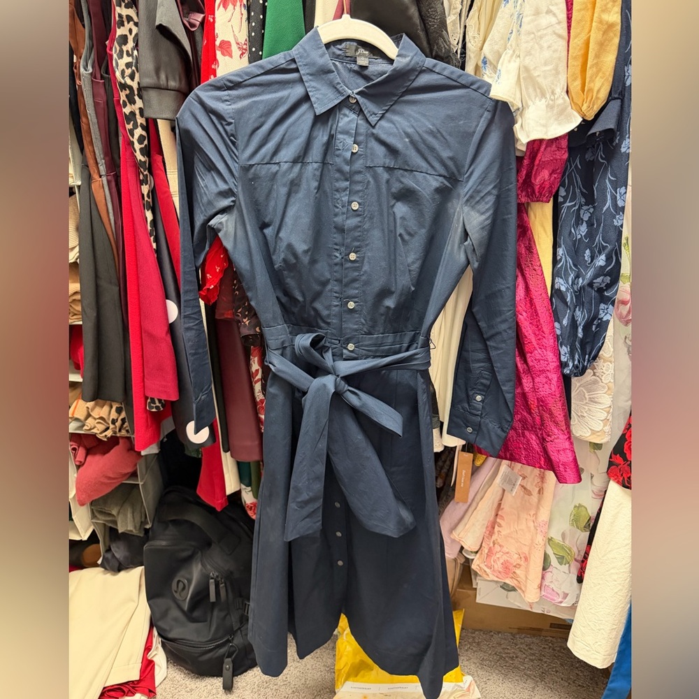 J.Crew women’s tie-waist shirt dress in navy blue cotton poplin size 0